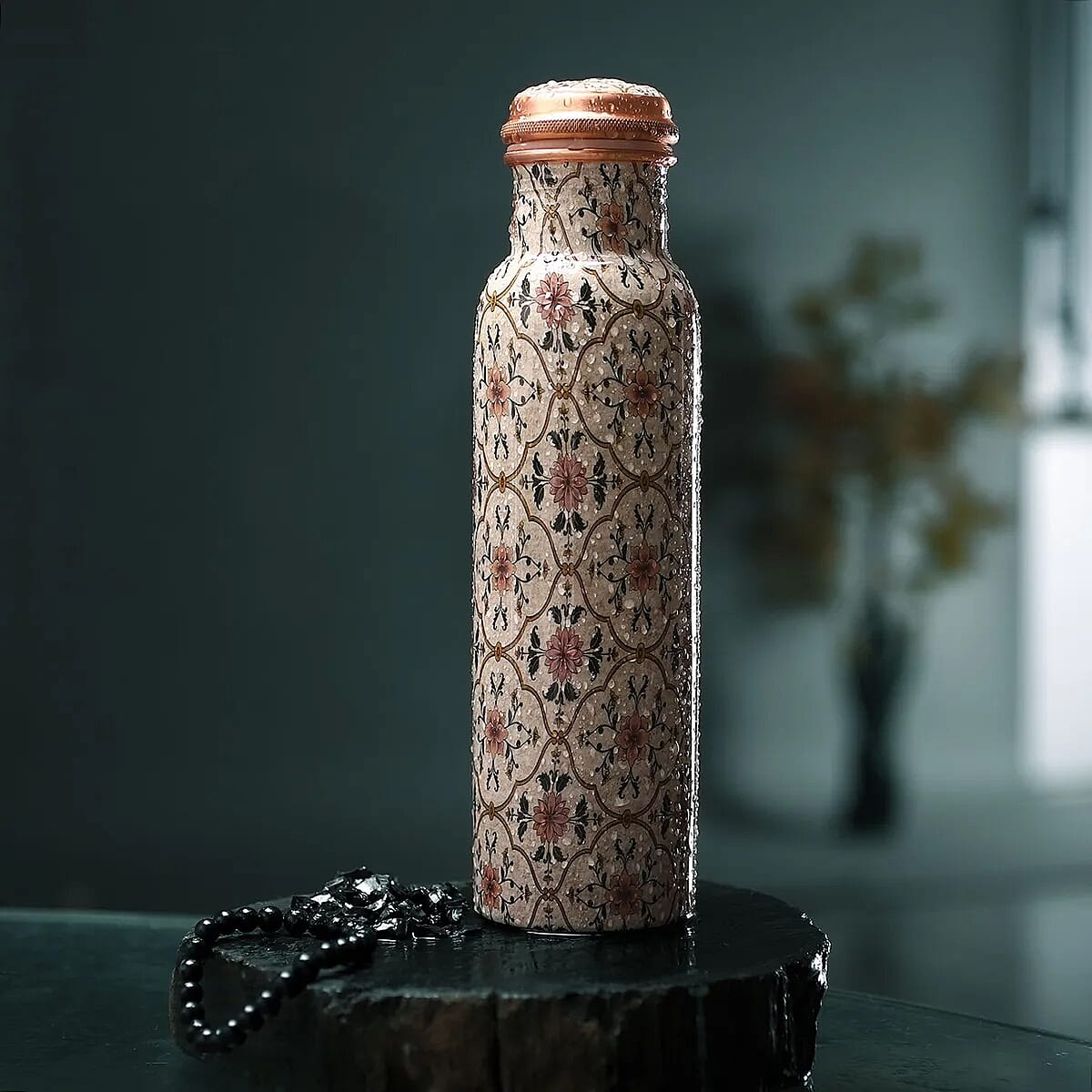 Multi Color Printed Copper Bottle with Shungite Infuser and Shungite Bracelet  Bottle Size: Height- 10.6 inches, Diameter- 2.75 inches, Bracelet - 6mm Bottle Capacity: Approx. 32 Oz.