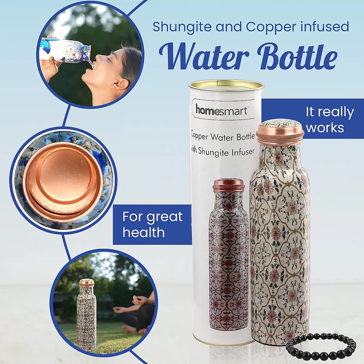 Multi Color Printed Copper Bottle with Shungite Infuser and Shungite Bracelet  Bottle Size: Height- 10.6 inches, Diameter- 2.75 inches, Bracelet - 6mm Bottle Capacity: Approx. 32 Oz.