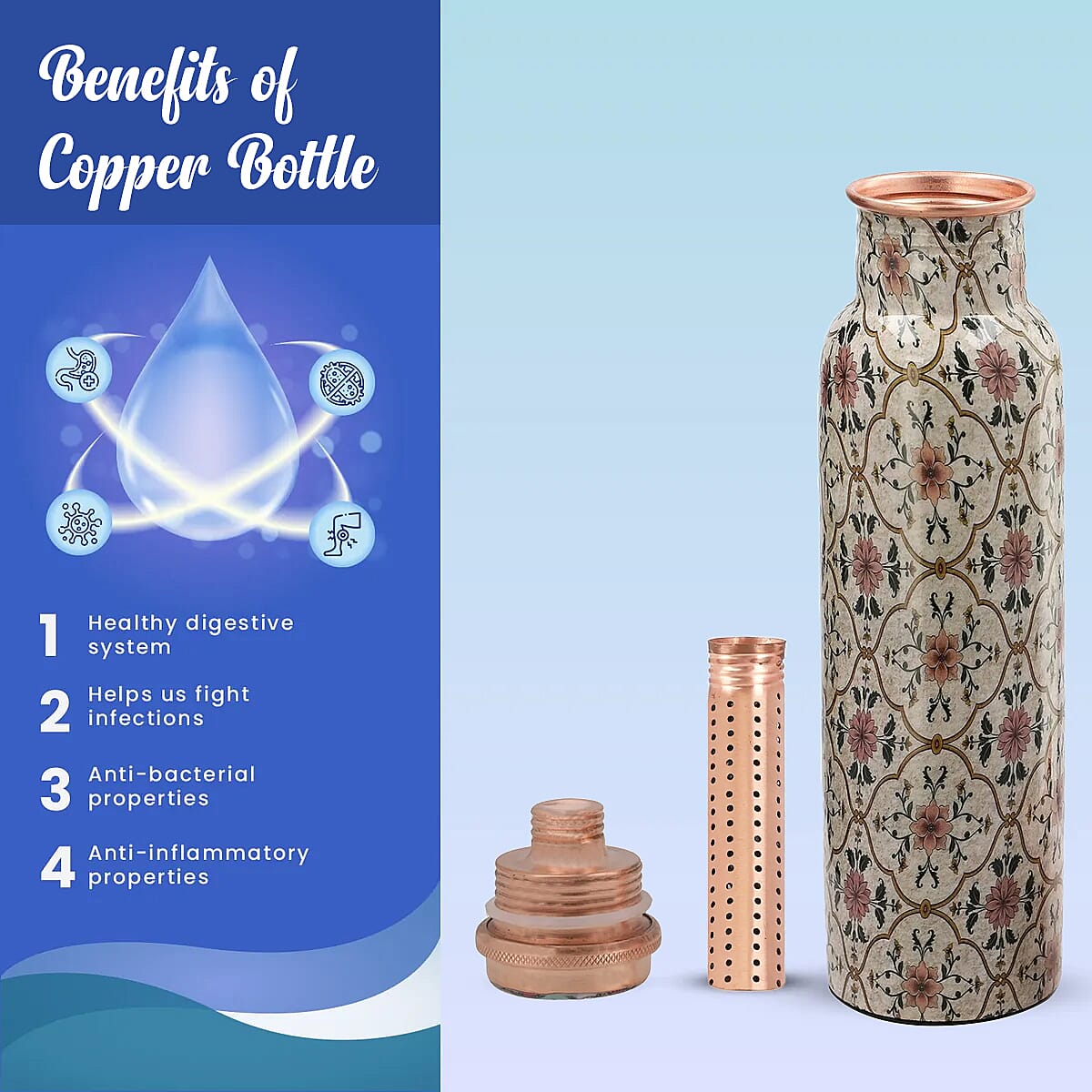 Multi Color Printed Copper Bottle with Shungite Infuser and Shungite Bracelet  Bottle Size: Height- 10.6 inches, Diameter- 2.75 inches, Bracelet - 6mm Bottle Capacity: Approx. 32 Oz.