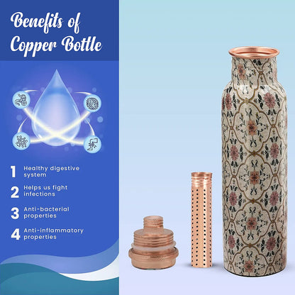 Multi Color Printed Copper Bottle with Shungite Infuser and Shungite Bracelet  Bottle Size: Height- 10.6 inches, Diameter- 2.75 inches, Bracelet - 6mm Bottle Capacity: Approx. 32 Oz.
