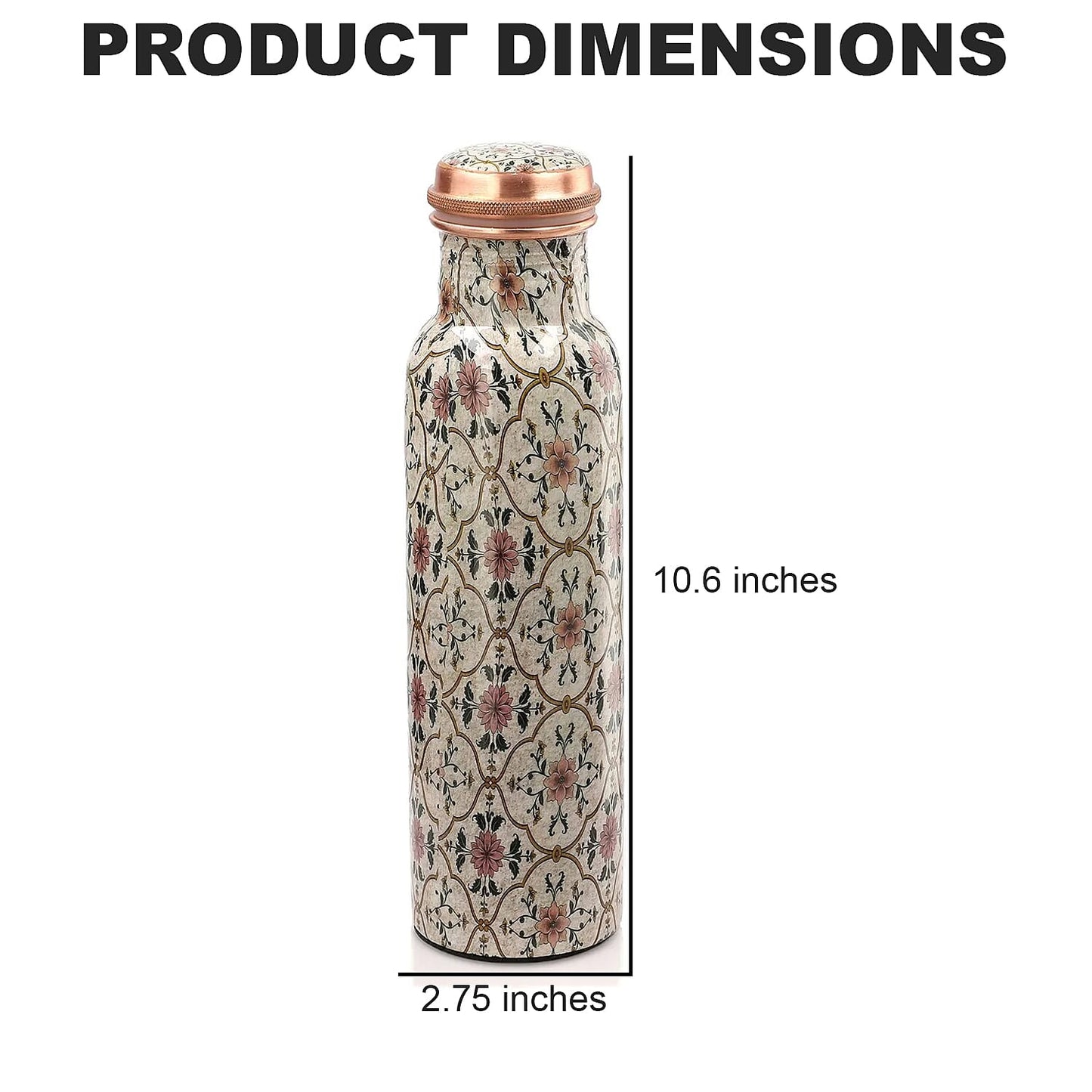 Multi Color Printed Copper Bottle with Shungite Infuser and Shungite Bracelet  Bottle Size: Height- 10.6 inches, Diameter- 2.75 inches, Bracelet - 6mm Bottle Capacity: Approx. 32 Oz.