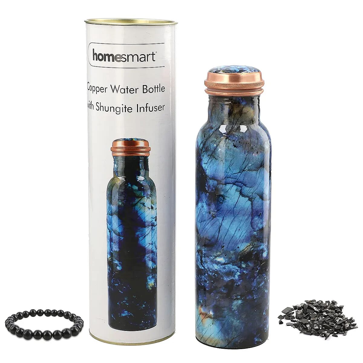Multi Color Printed Copper Bottle with Shungite Infuser and Shungite Bracelet  Bottle Size: Height- 10.6 inches, Diameter- 2.75 inches, Bracelet - 6mm Bottle Capacity: Approx. 32 Oz.