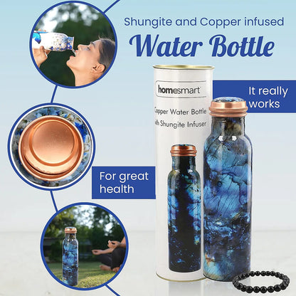 Multi Color Printed Copper Bottle with Shungite Infuser and Shungite Bracelet  Bottle Size: Height- 10.6 inches, Diameter- 2.75 inches, Bracelet - 6mm Bottle Capacity: Approx. 32 Oz.