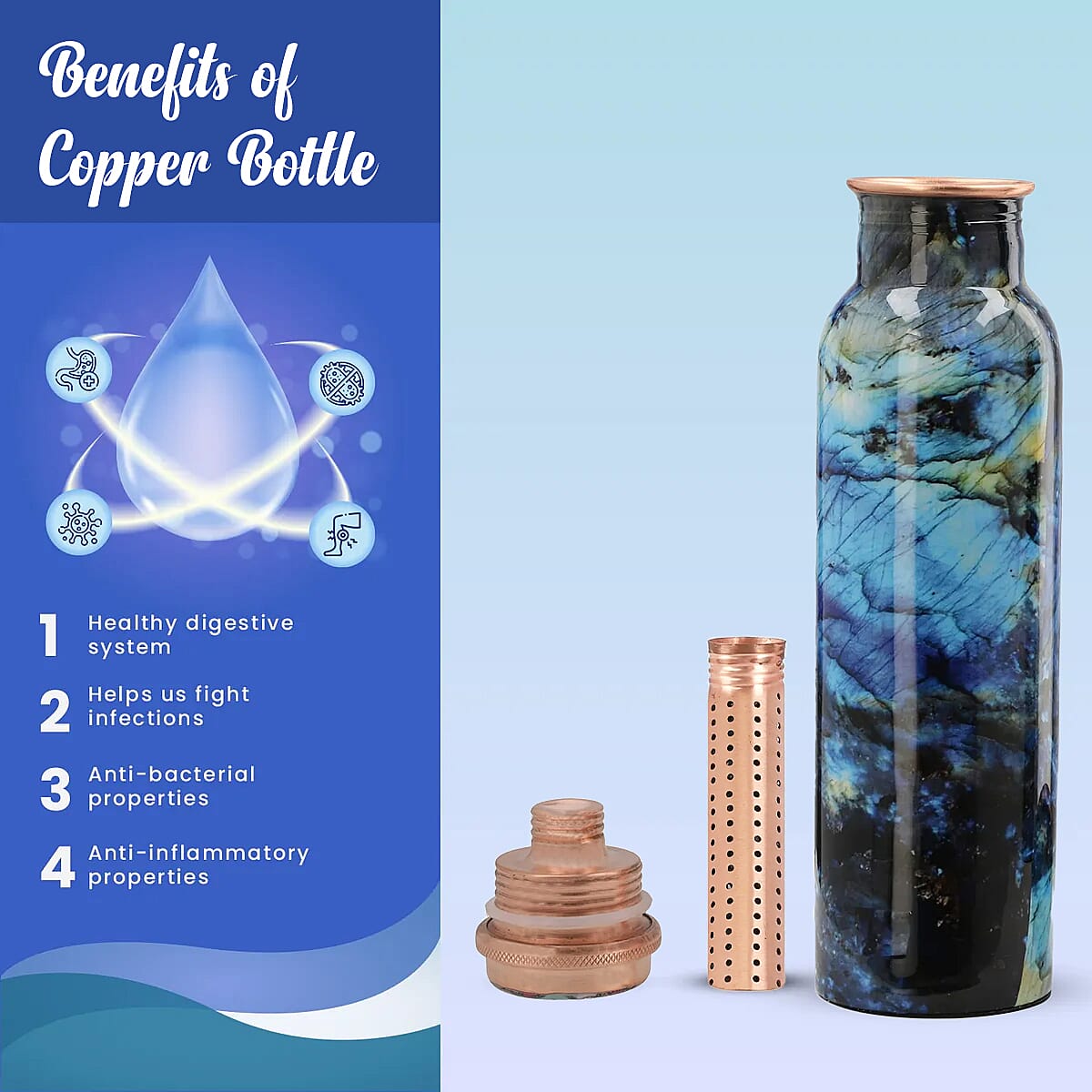 Multi Color Printed Copper Bottle with Shungite Infuser and Shungite Bracelet  Bottle Size: Height- 10.6 inches, Diameter- 2.75 inches, Bracelet - 6mm Bottle Capacity: Approx. 32 Oz.