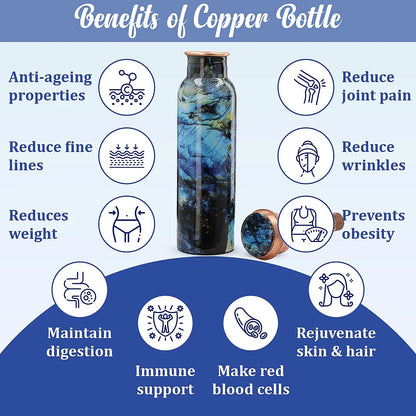 Multi Color Printed Copper Bottle with Shungite Infuser and Shungite Bracelet  Bottle Size: Height- 10.6 inches, Diameter- 2.75 inches, Bracelet - 6mm Bottle Capacity: Approx. 32 Oz.