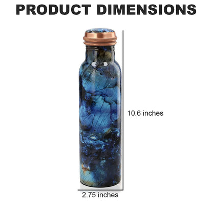 Multi Color Printed Copper Bottle with Shungite Infuser and Shungite Bracelet  Bottle Size: Height- 10.6 inches, Diameter- 2.75 inches, Bracelet - 6mm Bottle Capacity: Approx. 32 Oz.
