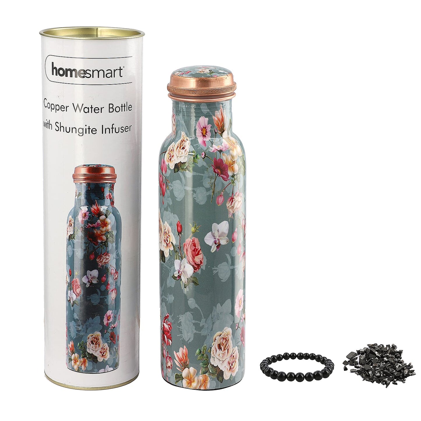 Multi Color Printed Copper Bottle with Shungite Infuser and Shungite Bracelet  Bottle Size: Height- 10.6 inches, Diameter- 2.75 inches, Bracelet - 6mm Bottle Capacity: Approx. 32 Oz.