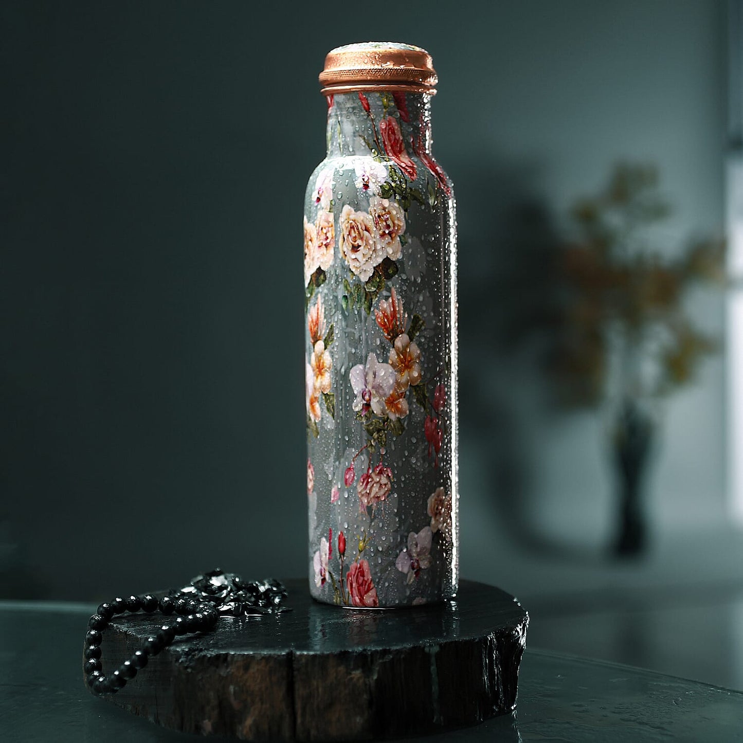 Multi Color Printed Copper Bottle with Shungite Infuser and Shungite Bracelet  Bottle Size: Height- 10.6 inches, Diameter- 2.75 inches, Bracelet - 6mm Bottle Capacity: Approx. 32 Oz.