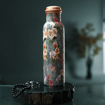 Multi Color Printed Copper Bottle with Shungite Infuser and Shungite Bracelet  Bottle Size: Height- 10.6 inches, Diameter- 2.75 inches, Bracelet - 6mm Bottle Capacity: Approx. 32 Oz.