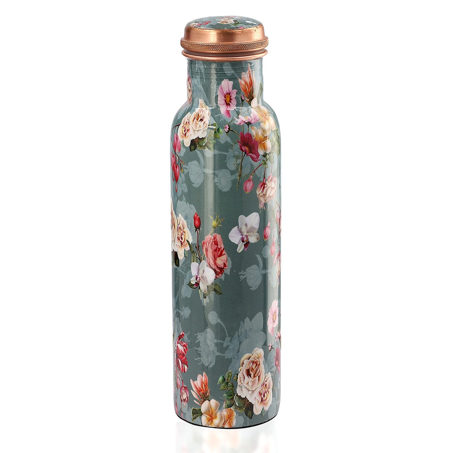 Multi Color Printed Copper Bottle with Shungite Infuser and Shungite Bracelet  Bottle Size: Height- 10.6 inches, Diameter- 2.75 inches, Bracelet - 6mm Bottle Capacity: Approx. 32 Oz.