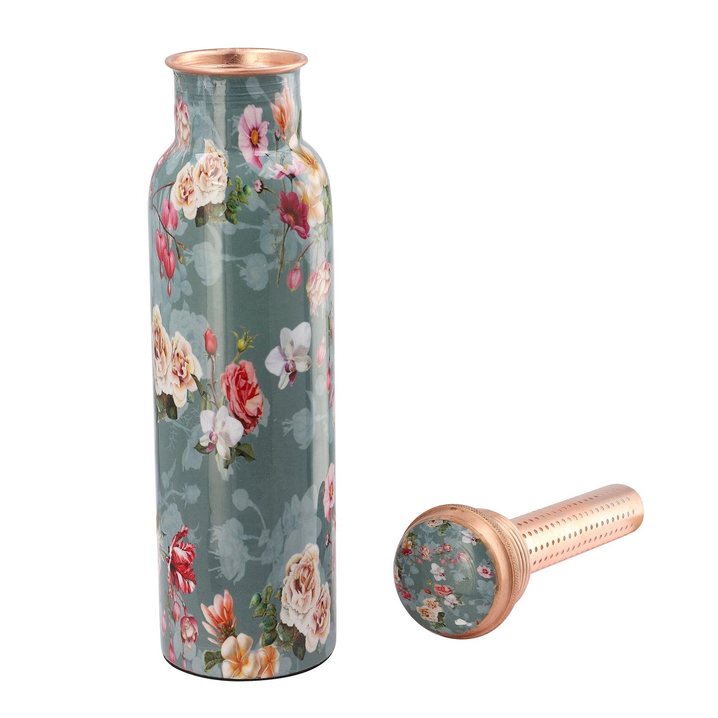 Multi Color Printed Copper Bottle with Shungite Infuser and Shungite Bracelet  Bottle Size: Height- 10.6 inches, Diameter- 2.75 inches, Bracelet - 6mm Bottle Capacity: Approx. 32 Oz.