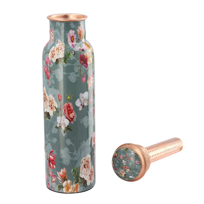 Multi Color Printed Copper Bottle with Shungite Infuser and Shungite Bracelet  Bottle Size: Height- 10.6 inches, Diameter- 2.75 inches, Bracelet - 6mm Bottle Capacity: Approx. 32 Oz.