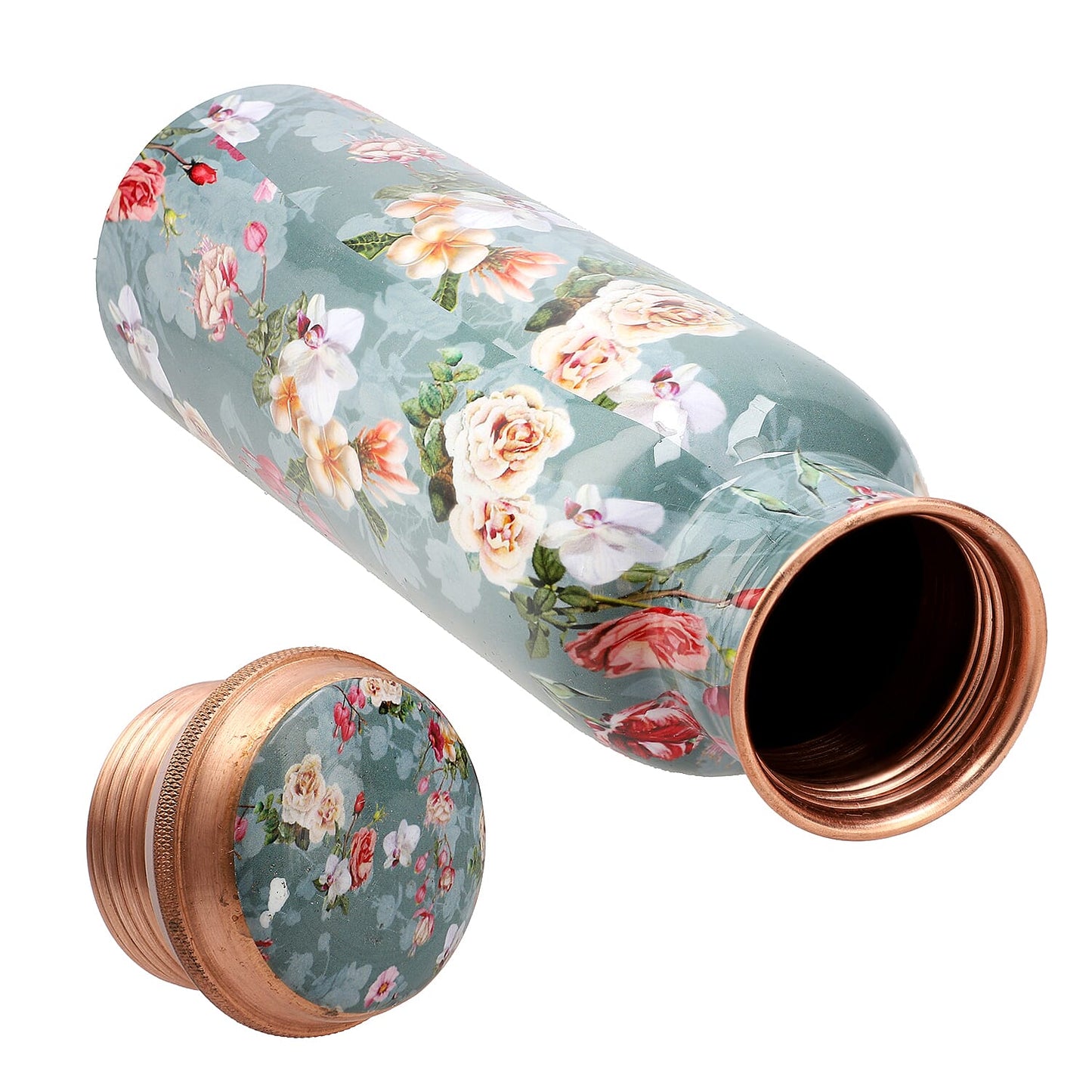 Multi Color Printed Copper Bottle with Shungite Infuser and Shungite Bracelet  Bottle Size: Height- 10.6 inches, Diameter- 2.75 inches, Bracelet - 6mm Bottle Capacity: Approx. 32 Oz.