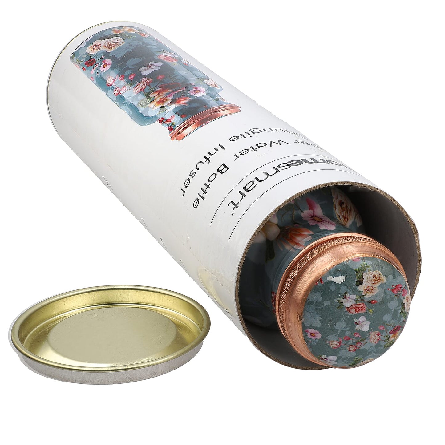 Multi Color Printed Copper Bottle with Shungite Infuser and Shungite Bracelet  Bottle Size: Height- 10.6 inches, Diameter- 2.75 inches, Bracelet - 6mm Bottle Capacity: Approx. 32 Oz.