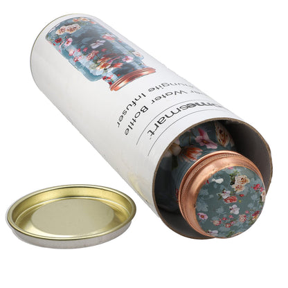 Multi Color Printed Copper Bottle with Shungite Infuser and Shungite Bracelet  Bottle Size: Height- 10.6 inches, Diameter- 2.75 inches, Bracelet - 6mm Bottle Capacity: Approx. 32 Oz.