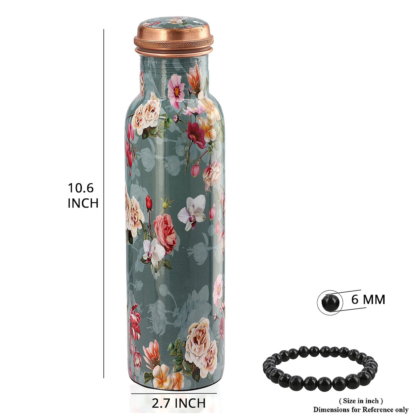 Multi Color Printed Copper Bottle with Shungite Infuser and Shungite Bracelet  Bottle Size: Height- 10.6 inches, Diameter- 2.75 inches, Bracelet - 6mm Bottle Capacity: Approx. 32 Oz.