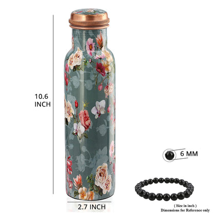 Multi Color Printed Copper Bottle with Shungite Infuser and Shungite Bracelet  Bottle Size: Height- 10.6 inches, Diameter- 2.75 inches, Bracelet - 6mm Bottle Capacity: Approx. 32 Oz.