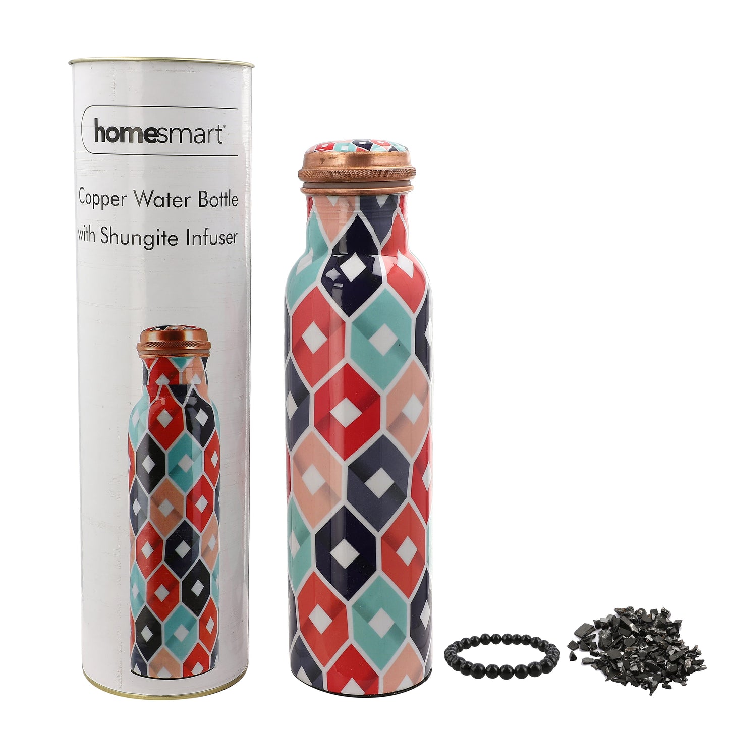 Multi Color Printed Copper Bottle with Shungite Infuser and Shungite Bracelet  Bottle Size: Height- 10.6 inches, Diameter- 2.75 inches, Bracelet - 6mm Bottle Capacity: Approx. 32 Oz.