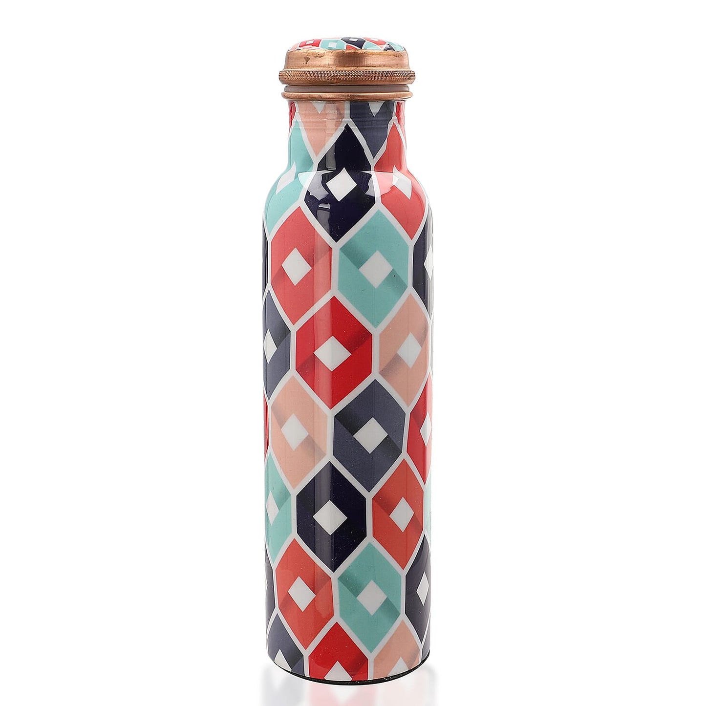 Multi Color Printed Copper Bottle with Shungite Infuser and Shungite Bracelet  Bottle Size: Height- 10.6 inches, Diameter- 2.75 inches, Bracelet - 6mm Bottle Capacity: Approx. 32 Oz.