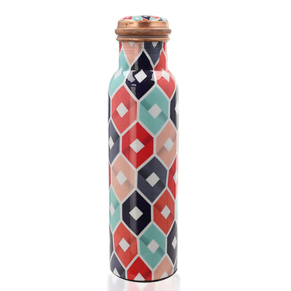 Multi Color Printed Copper Bottle with Shungite Infuser and Shungite Bracelet  Bottle Size: Height- 10.6 inches, Diameter- 2.75 inches, Bracelet - 6mm Bottle Capacity: Approx. 32 Oz.