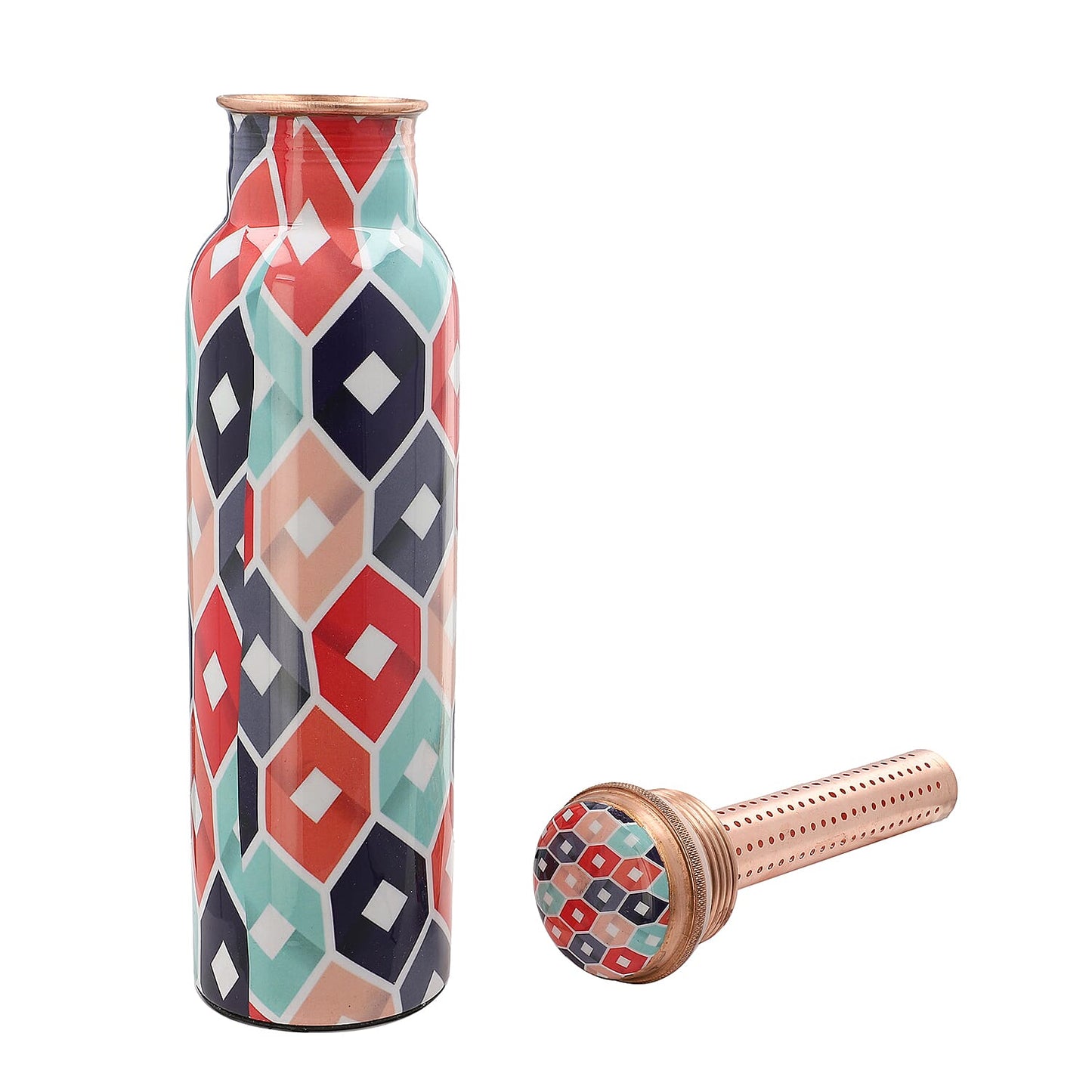 Multi Color Printed Copper Bottle with Shungite Infuser and Shungite Bracelet  Bottle Size: Height- 10.6 inches, Diameter- 2.75 inches, Bracelet - 6mm Bottle Capacity: Approx. 32 Oz.