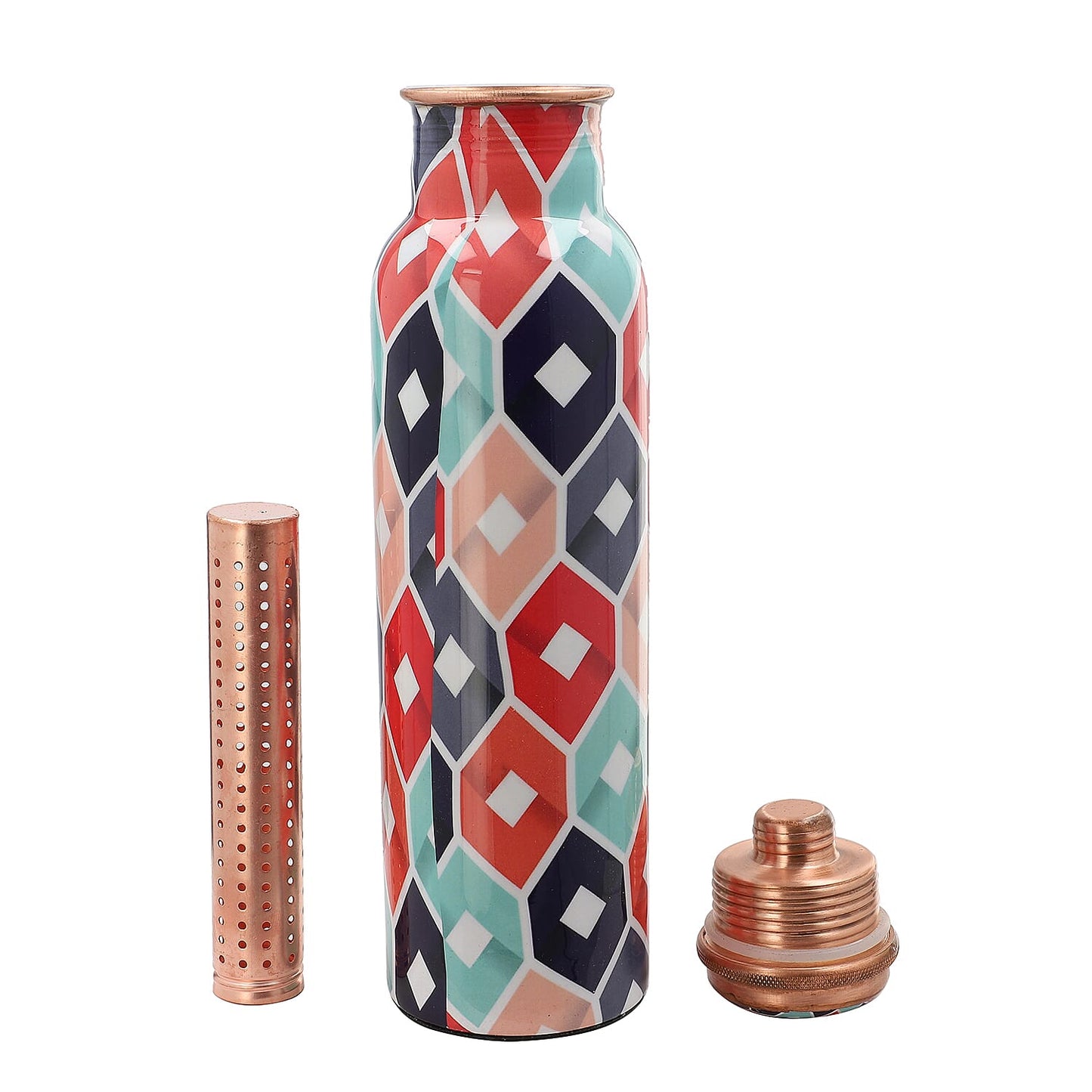 Multi Color Printed Copper Bottle with Shungite Infuser and Shungite Bracelet  Bottle Size: Height- 10.6 inches, Diameter- 2.75 inches, Bracelet - 6mm Bottle Capacity: Approx. 32 Oz.