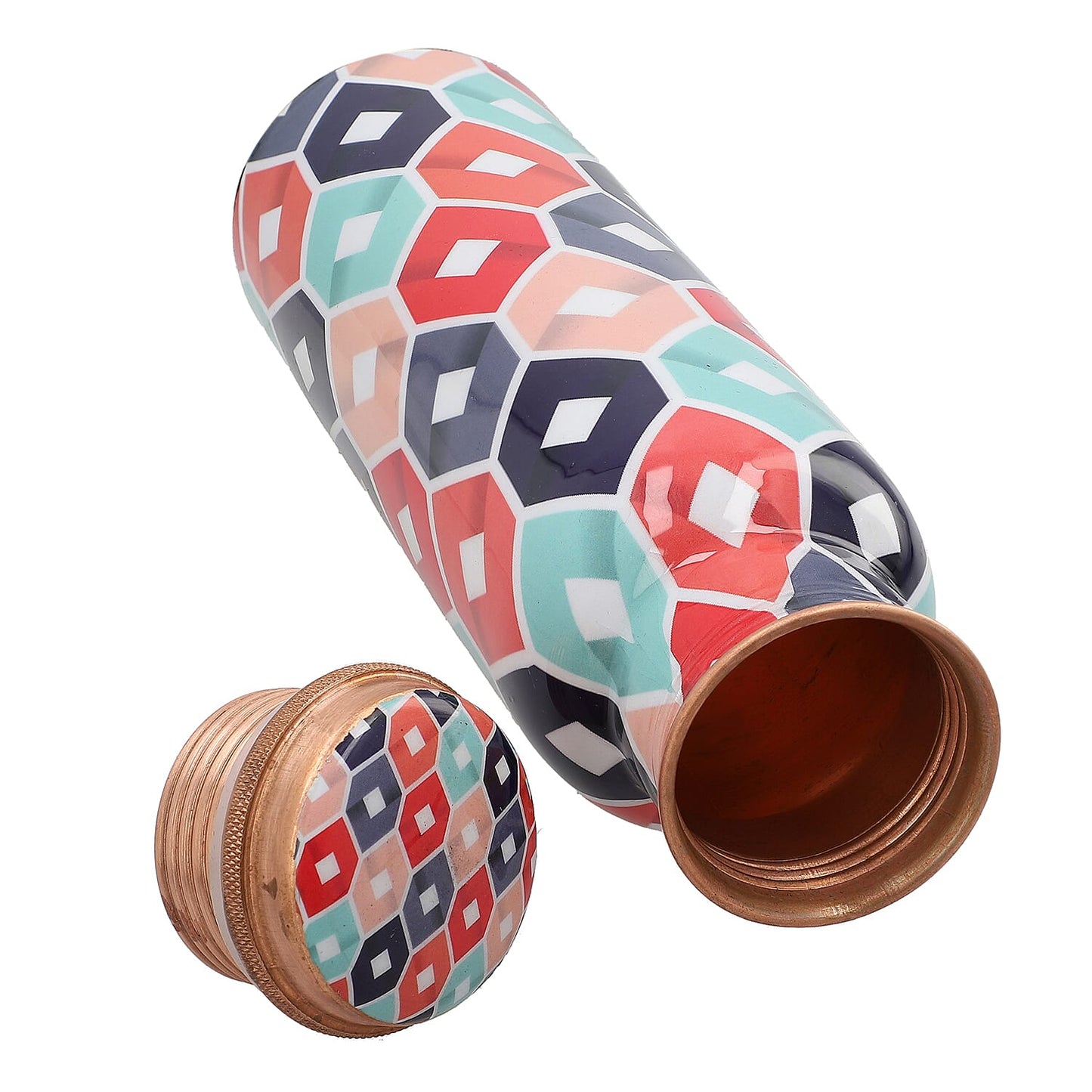 Multi Color Printed Copper Bottle with Shungite Infuser and Shungite Bracelet  Bottle Size: Height- 10.6 inches, Diameter- 2.75 inches, Bracelet - 6mm Bottle Capacity: Approx. 32 Oz.