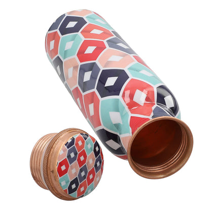 Multi Color Printed Copper Bottle with Shungite Infuser and Shungite Bracelet  Bottle Size: Height- 10.6 inches, Diameter- 2.75 inches, Bracelet - 6mm Bottle Capacity: Approx. 32 Oz.