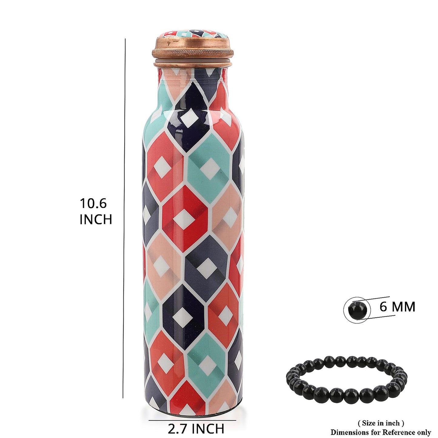 Multi Color Printed Copper Bottle with Shungite Infuser and Shungite Bracelet  Bottle Size: Height- 10.6 inches, Diameter- 2.75 inches, Bracelet - 6mm Bottle Capacity: Approx. 32 Oz.
