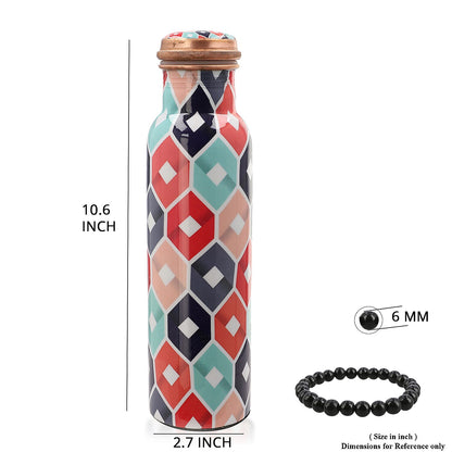 Multi Color Printed Copper Bottle with Shungite Infuser and Shungite Bracelet  Bottle Size: Height- 10.6 inches, Diameter- 2.75 inches, Bracelet - 6mm Bottle Capacity: Approx. 32 Oz.