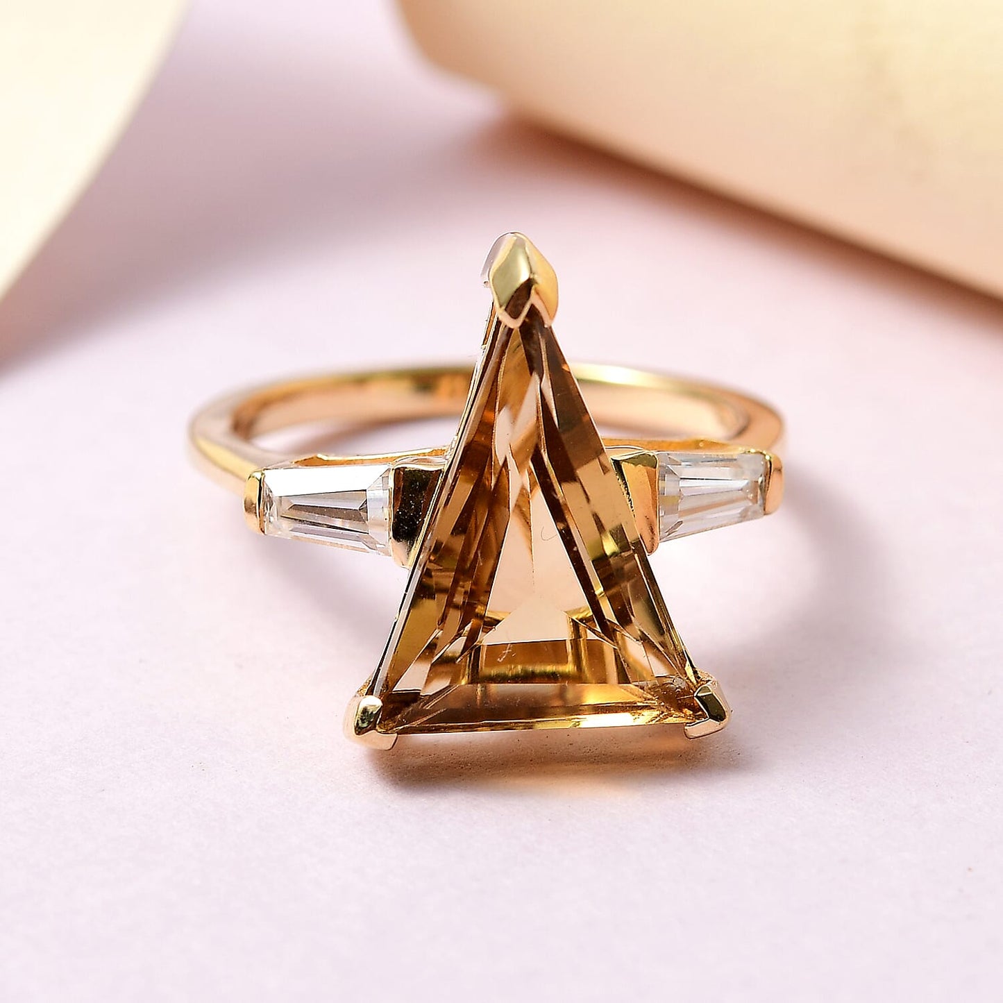 Fancy Cut Brazilian Citrine and Moissanite Ring in Vermeil Yellow Gold Over Sterling Silver (Size 11.0) 6.10 ctw