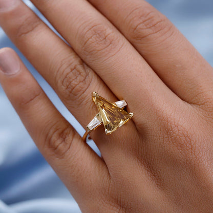 Fancy Cut Brazilian Citrine and Moissanite Ring in Vermeil Yellow Gold Over Sterling Silver (Size 11.0) 6.10 ctw