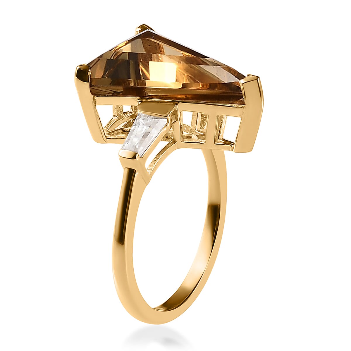 Fancy Cut Brazilian Citrine and Moissanite Ring in Vermeil Yellow Gold Over Sterling Silver (Size 11.0) 6.10 ctw