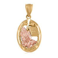 14K Yellow and Rose Gold Religious Praying Hands with Cross & Bible Dangling Pendant 1.45 Grams