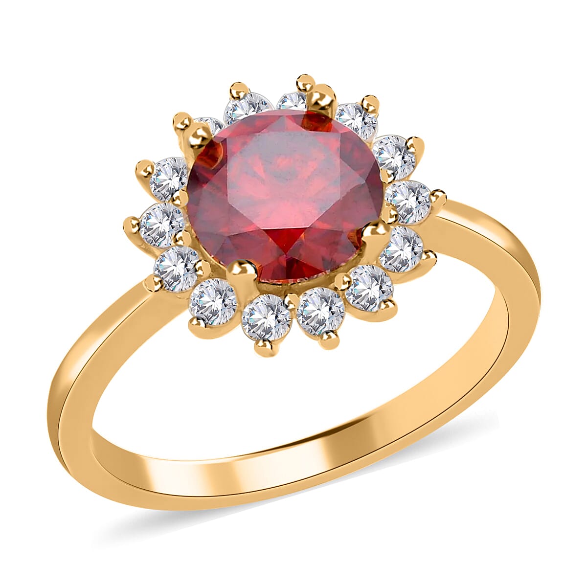 Luxury Red Moissanite (Rnd 8mm) Sunburst Ring in Vermeil YG Over Sterling Silver (Size 10.0) 2.25 ctw