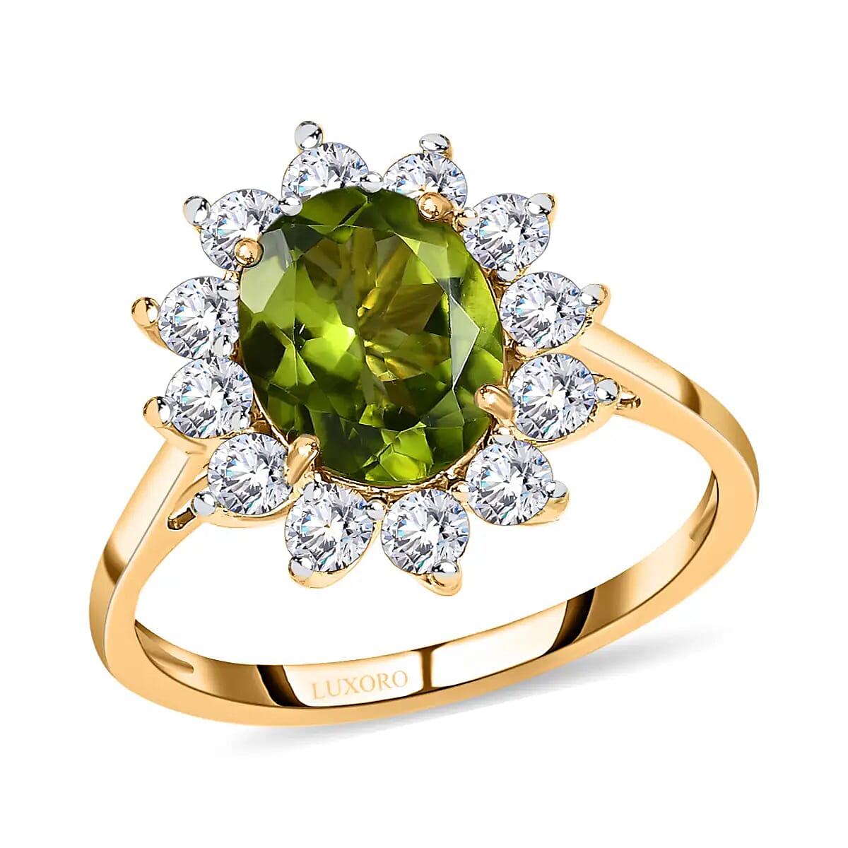 Luxoro 10K Yellow Gold Premium American Natural Arizona Peridot and Moissanite Sunburst Ring (Size 10.0) 2.50 ctw