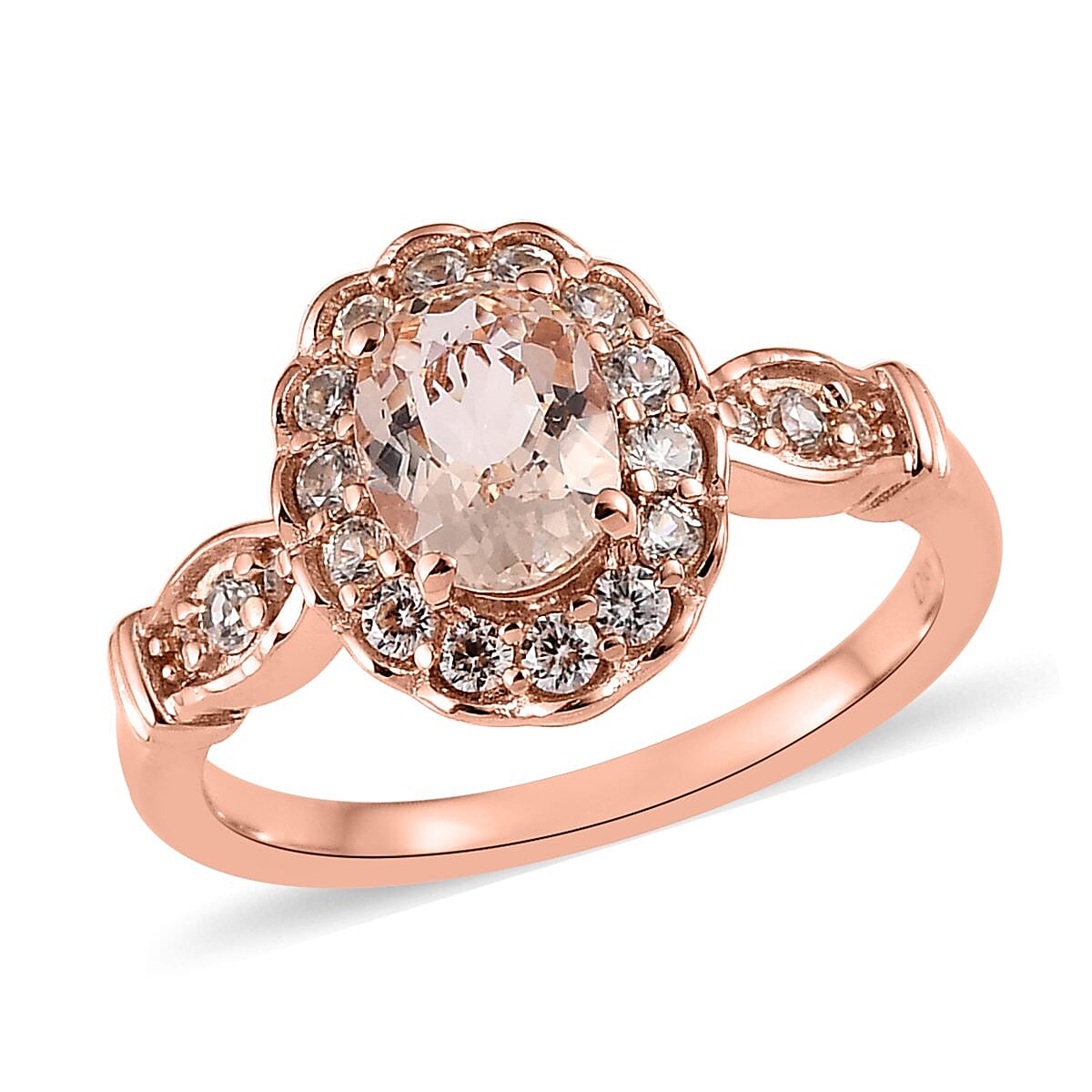 Marropino Morganite, White Zircon Halo Ring in Vermeil RG Over Sterling Silver (Size 10.0) 1.00 ctw
