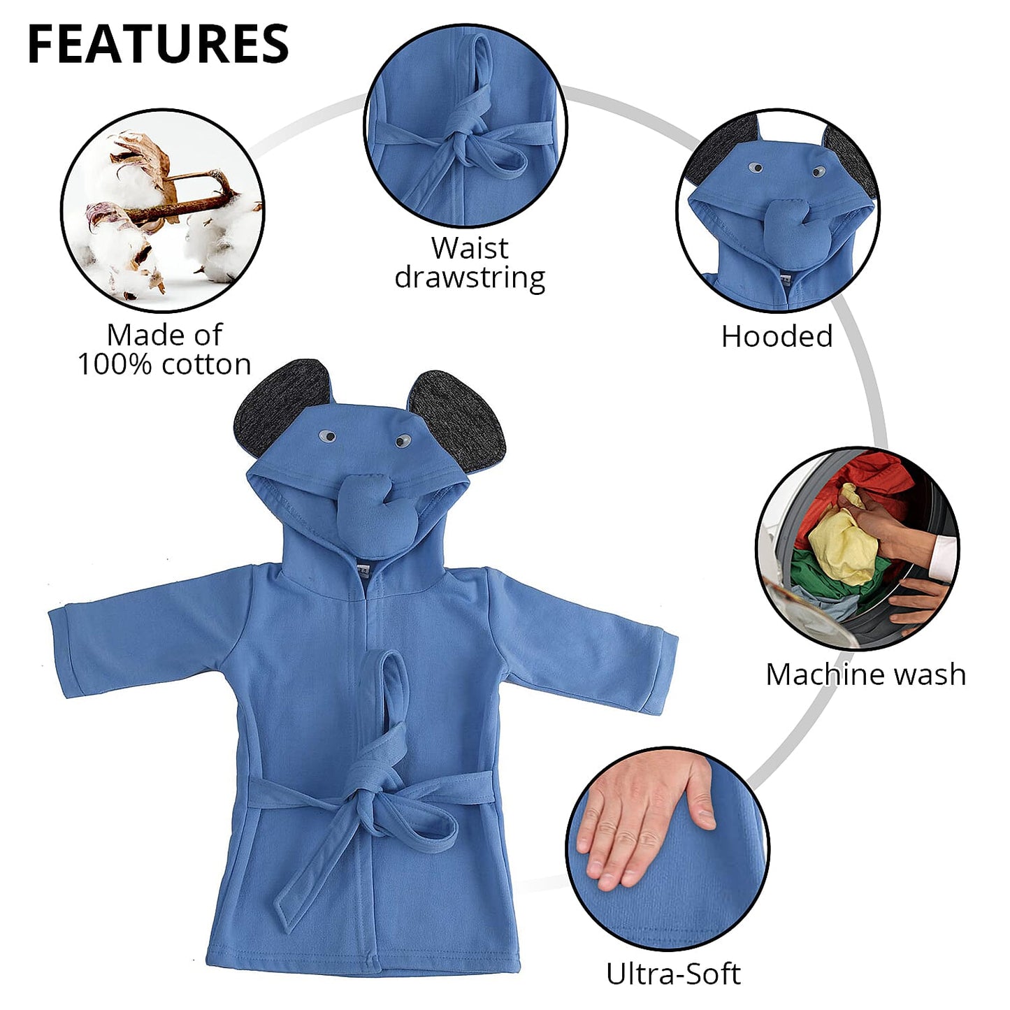 Dark Grey and Pink Elephant Pattern 100% Cotton Knitted Soft Hooded Toddler Baby Bath Towel (26"x11.5")