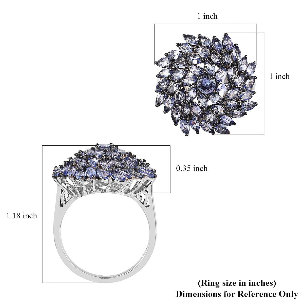 Tanzanite Cluster Ring in Platinum Over Sterling Silver (Size 10.0) 4.85 ctw