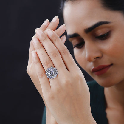 Tanzanite Cluster Ring in Platinum Over Sterling Silver (Size 10.0) 4.85 ctw