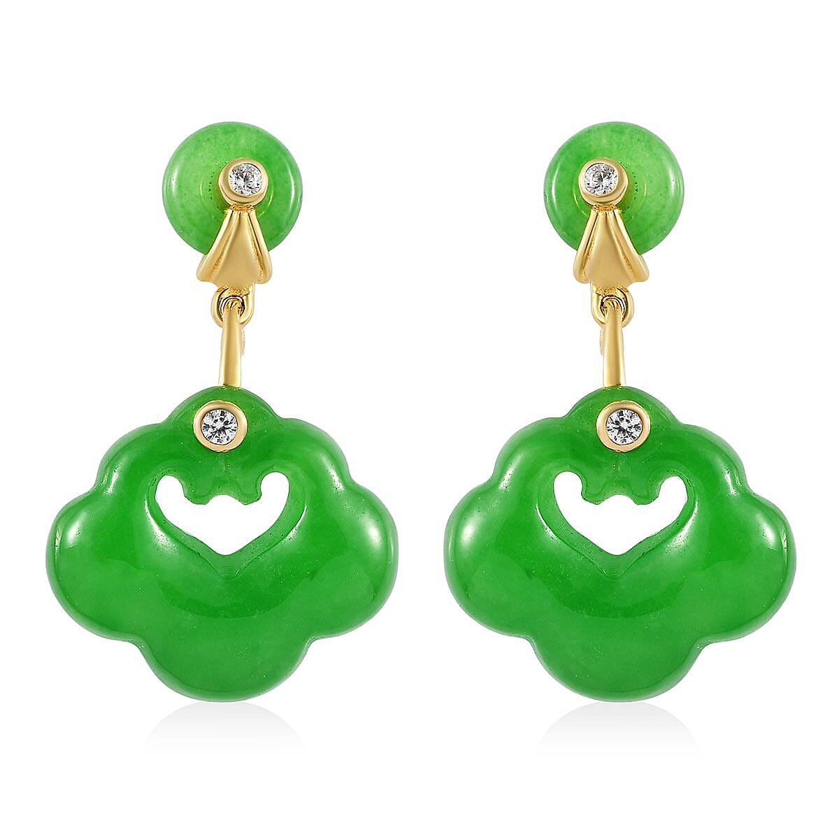 Green Jade (D) and White Zircon Dangling Earrings in Vermeil YG Over Sterling Silver 28.85 ctw