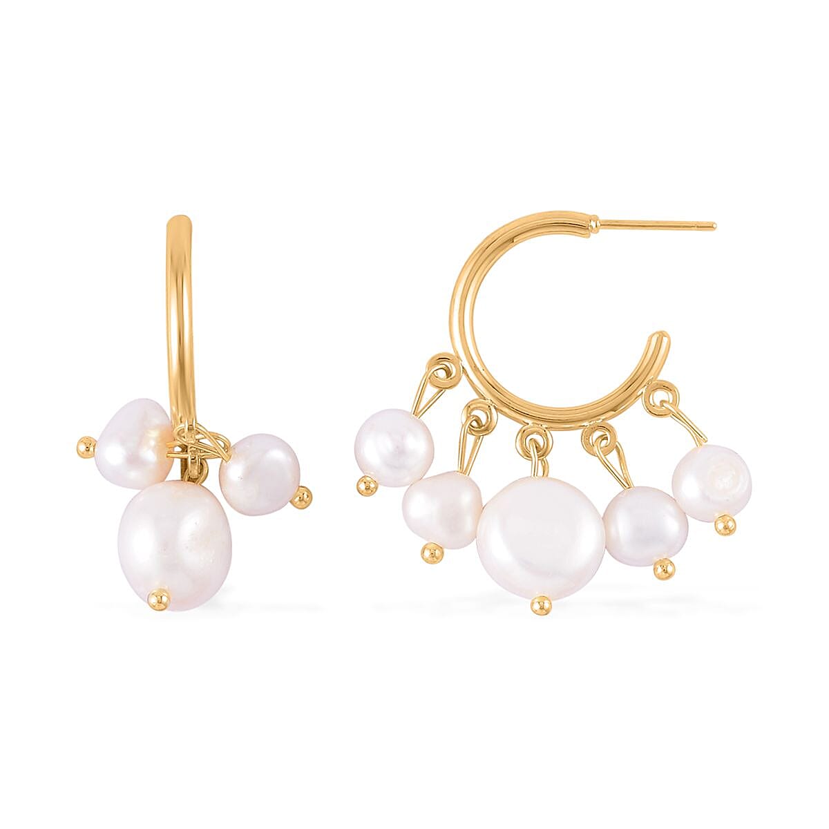 White Freshwater Pearl Hoop Earrings in Goldtone