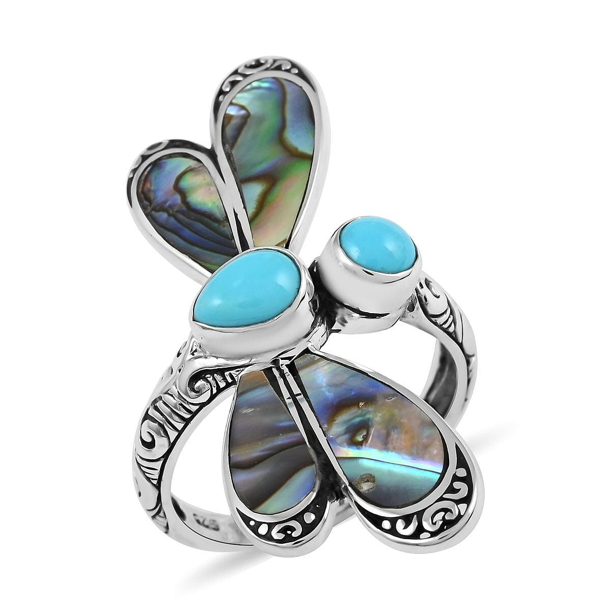 Bali Legacy Sleeping Beauty Turquoise and Abalone Shell Ring in Sterling Silver 1.15 ctw