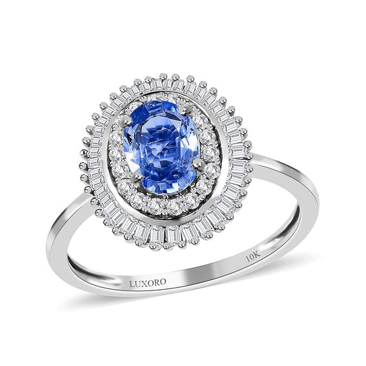 Luxoro 10K White Gold Premium Ceylon Blue Sapphire and Diamond Double Halo Ring 1.20 ctw