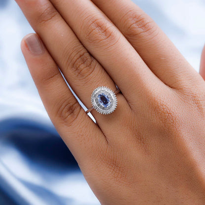 Luxoro 10K White Gold Premium Ceylon Blue Sapphire and Diamond Double Halo Ring 1.20 ctw