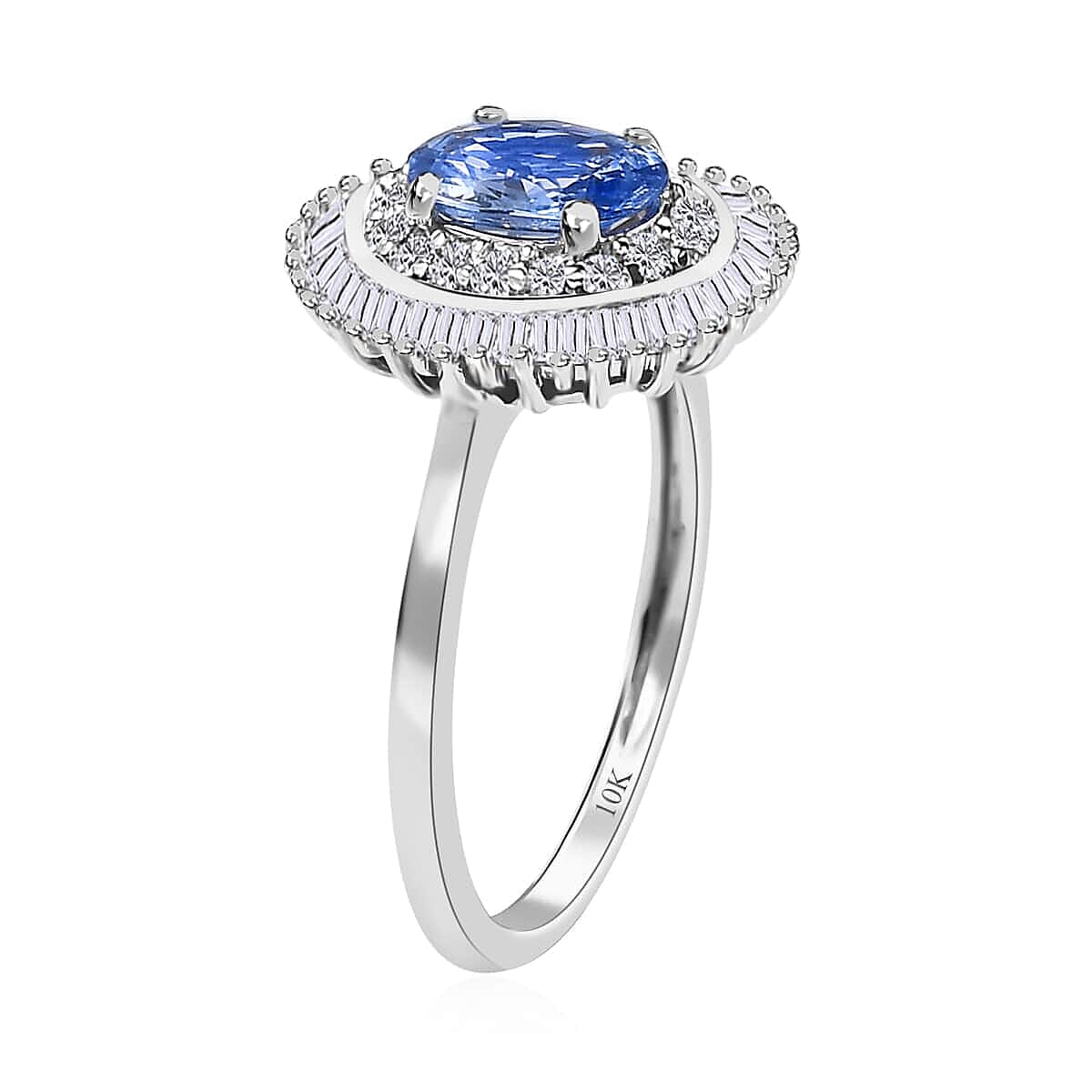 Luxoro 10K White Gold Premium Ceylon Blue Sapphire and Diamond Double Halo Ring 1.20 ctw