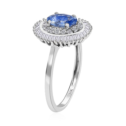 Luxoro 10K White Gold Premium Ceylon Blue Sapphire and Diamond Double Halo Ring 1.20 ctw