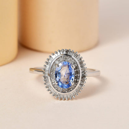 Luxoro 10K White Gold Premium Ceylon Blue Sapphire and Diamond Double Halo Ring 1.20 ctw