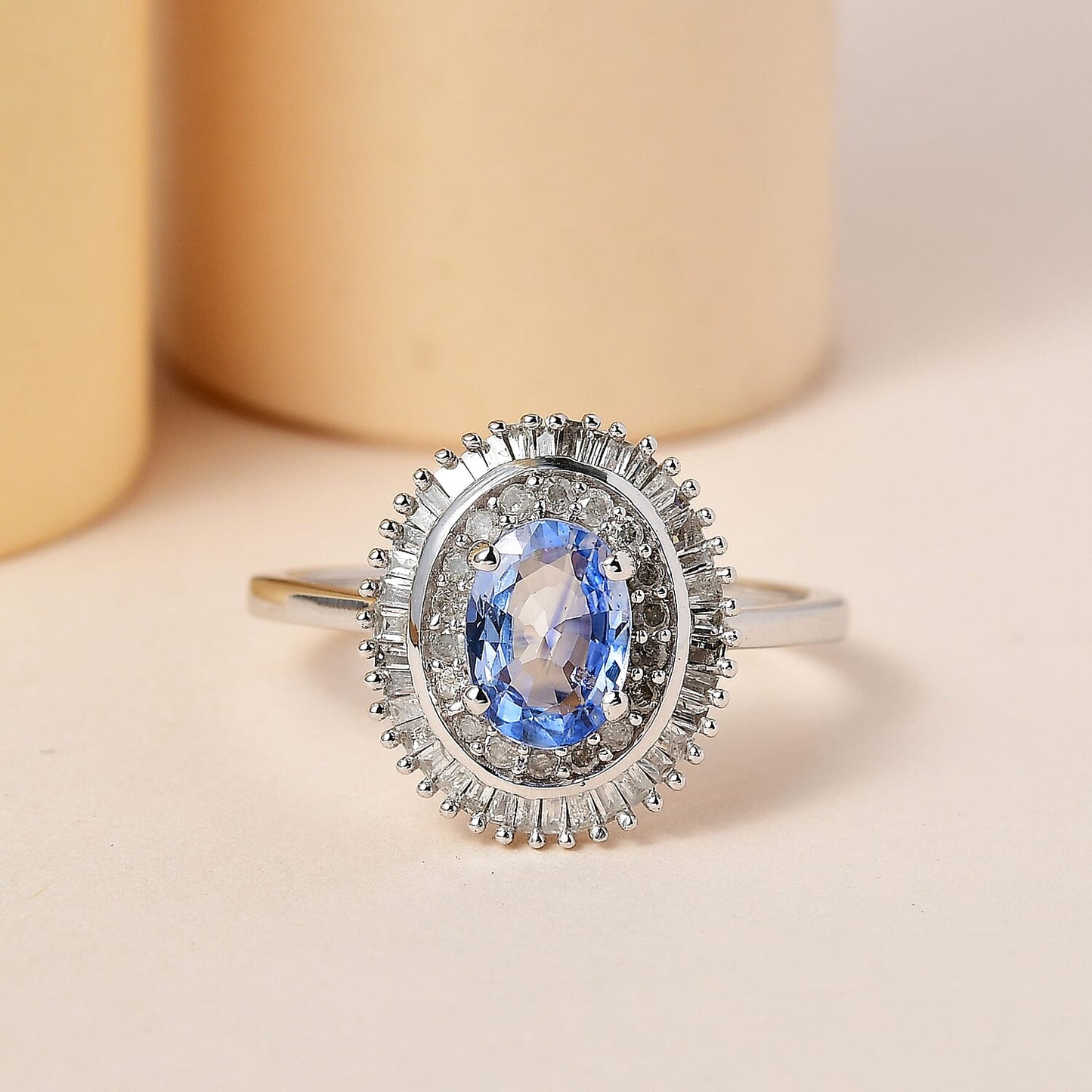 Luxoro 10K White Gold Premium Ceylon Blue Sapphire and Diamond Double Halo Ring 1.20 ctw
