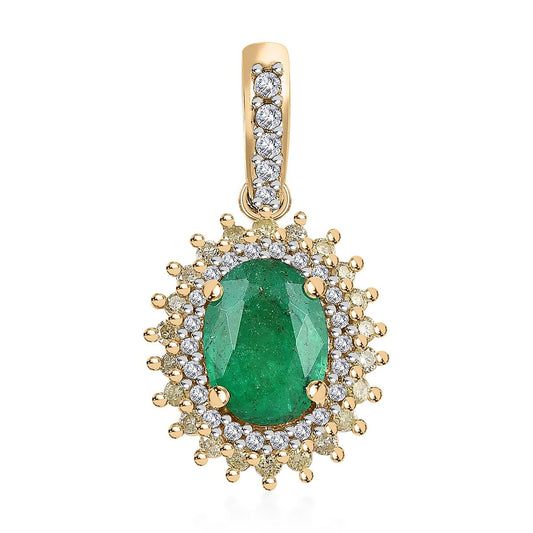 Luxoro 10K Yellow Gold AAA Kagem Zambian Emerald, Natural Yellow and White Diamond I3 Double Halo Pendant 1.60 ctw